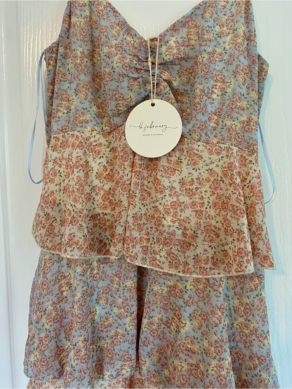 Floral Tiered Sundress in Pastel Blue and Dusty Rose